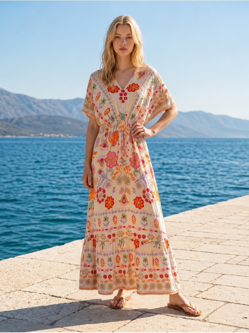 easel White Maxi Dress with Orange & Red Floral Print